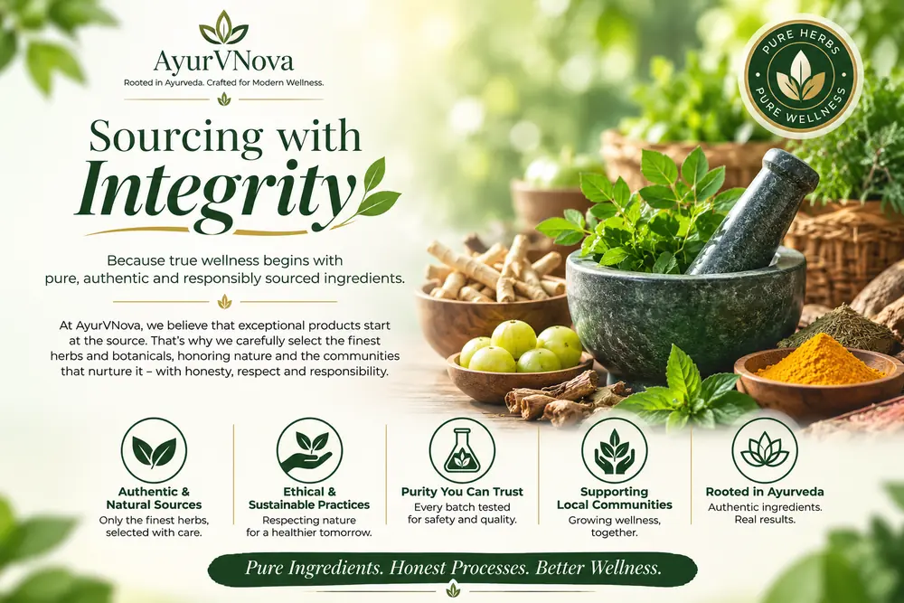 AyurVnova ingredient sourcing and wellness approach